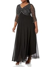 J Kara Dress 3/4 Sleeve V-Neck Beaded Top Long Sz 12P Black Gun Mercury NWT
