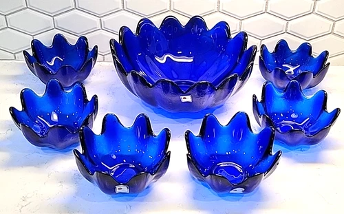 Blenko Glass 14 Petal 6134L & 8 Petal 6134S Lotus Bowl 7pc Set in Cobalt Blue