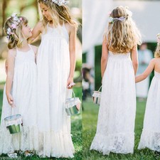 Halter Lace White Ivory Vintage Wedding Party Prom Babay Flower Girl Dress Long