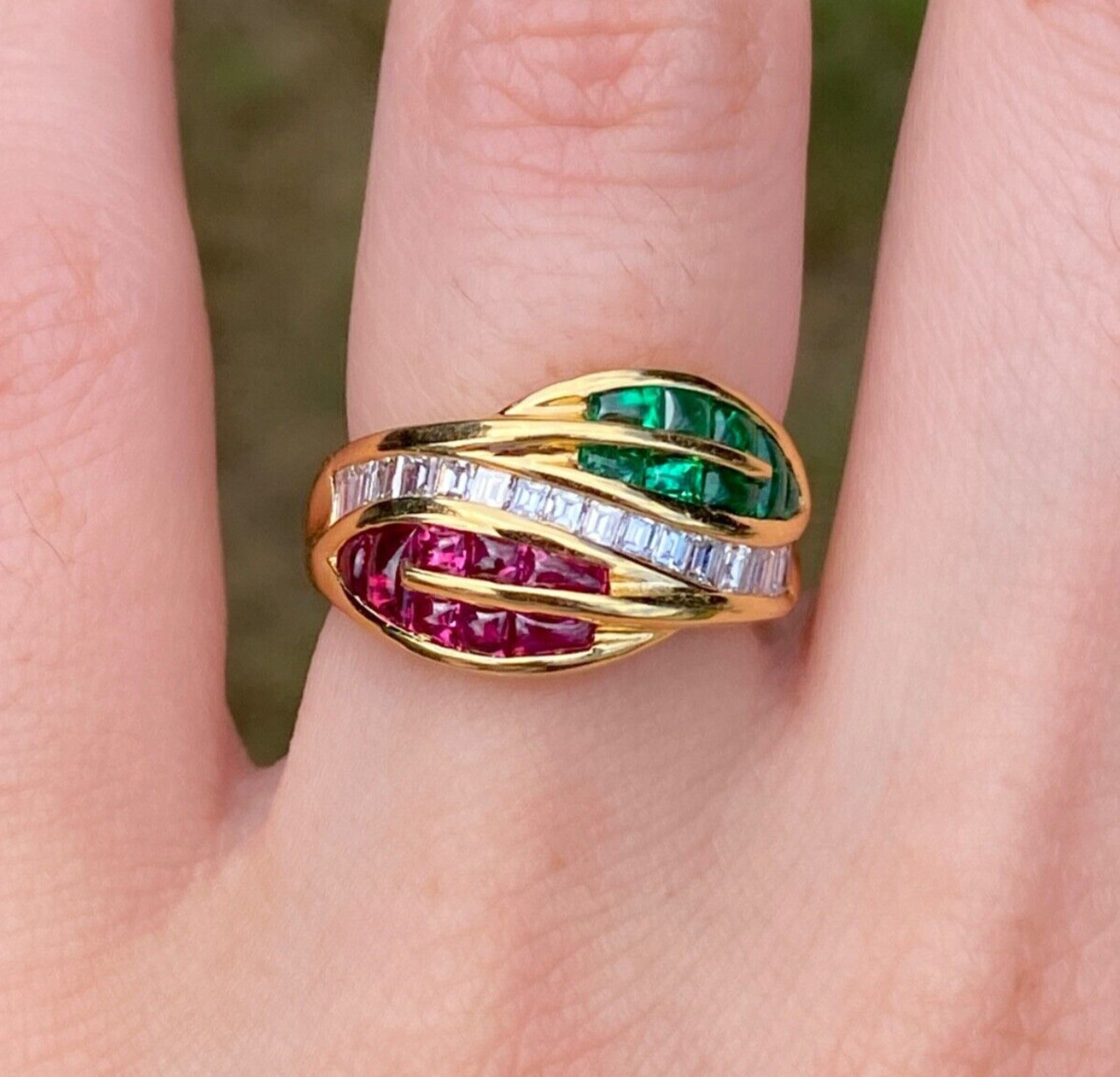 Natural Emerald, Ruby, and Diamond Leaf Ring - image 1