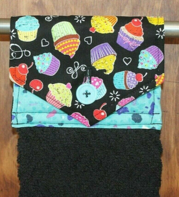 CUPCAKE HAND TOWEL BLACK & TEAL BLUE KITCHEN TOWEL HANDMADE HANGING COTTON TOWEL