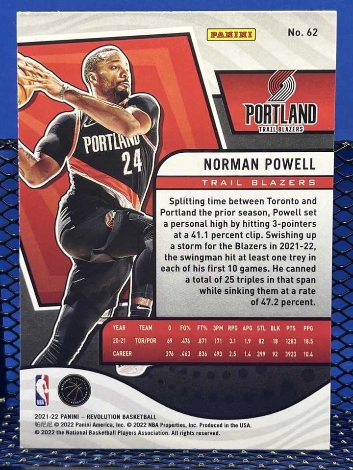2021-22 Panini Revolution NORMAN POWELL Portland Trail Blazers Base 62 - Image 2 of 2