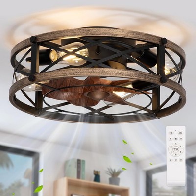 Farmhouse Caged Ceiling Fan with Light Flush Mount, Small Fandelier Low Profi...