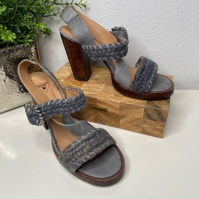 John Fluevog Hopscotch Tuggawar Gray Leather Strappy Heeled Sandals Size 11