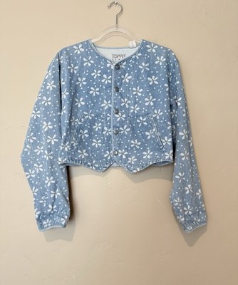 Vintage 90s Esprit Jacket Womens L Blue Floral Denim Cropped Soft Girl Coquette