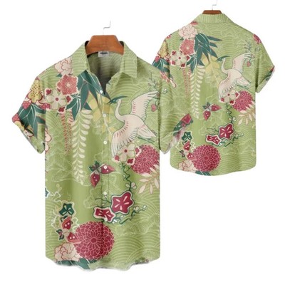 Mens Green Japanese Crane Hawaiian Shirt