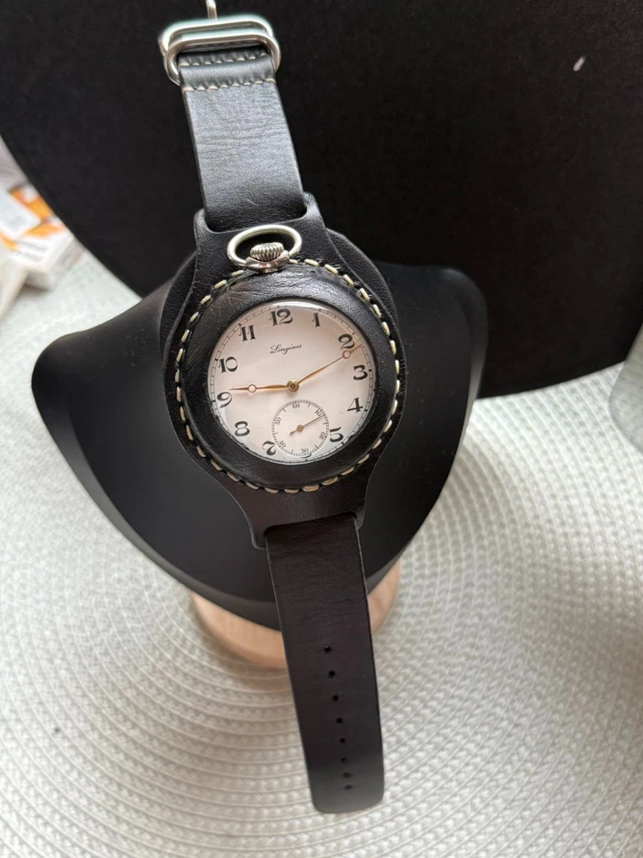 Antiguo Reloj de Bolsillo Longines Mecánico Suizo Efco Correa de Cuero Cara Abierta Raro Foto 4 de 4