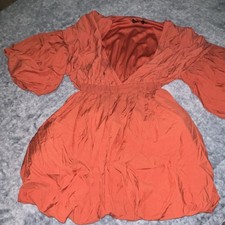 PRETTYLITTLETHING Orange Ruched Puff Sleeve Mini Dress V-Neck Size S