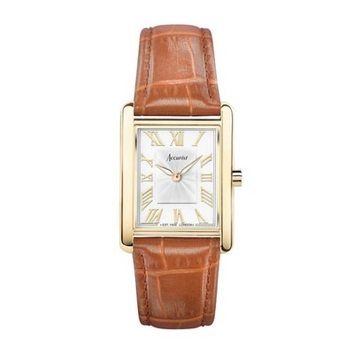Accurist rechteckige goldfarbene & hellbraune Lederuhr brandneu UVP 179 £ Modell 71004