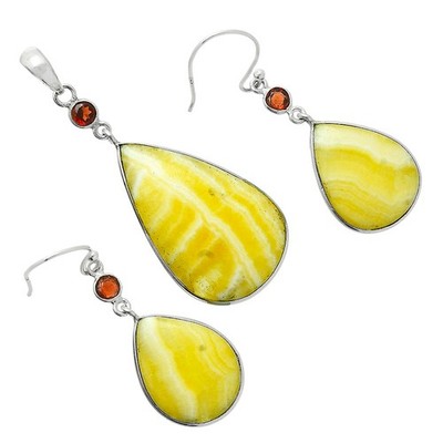 Premium Qualität gelber Aragonit & Granat 925 Silber Anhänger Ohrringe Set T-1010
