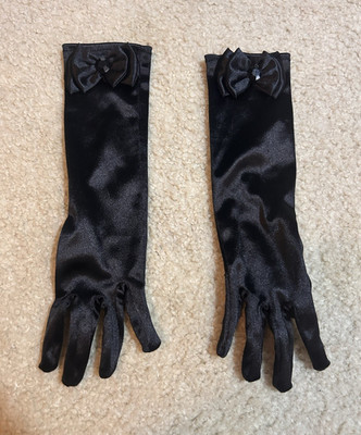 Girl s Black Satin Wrist Length Gloves w/ Bow Accent, Formal, One Size