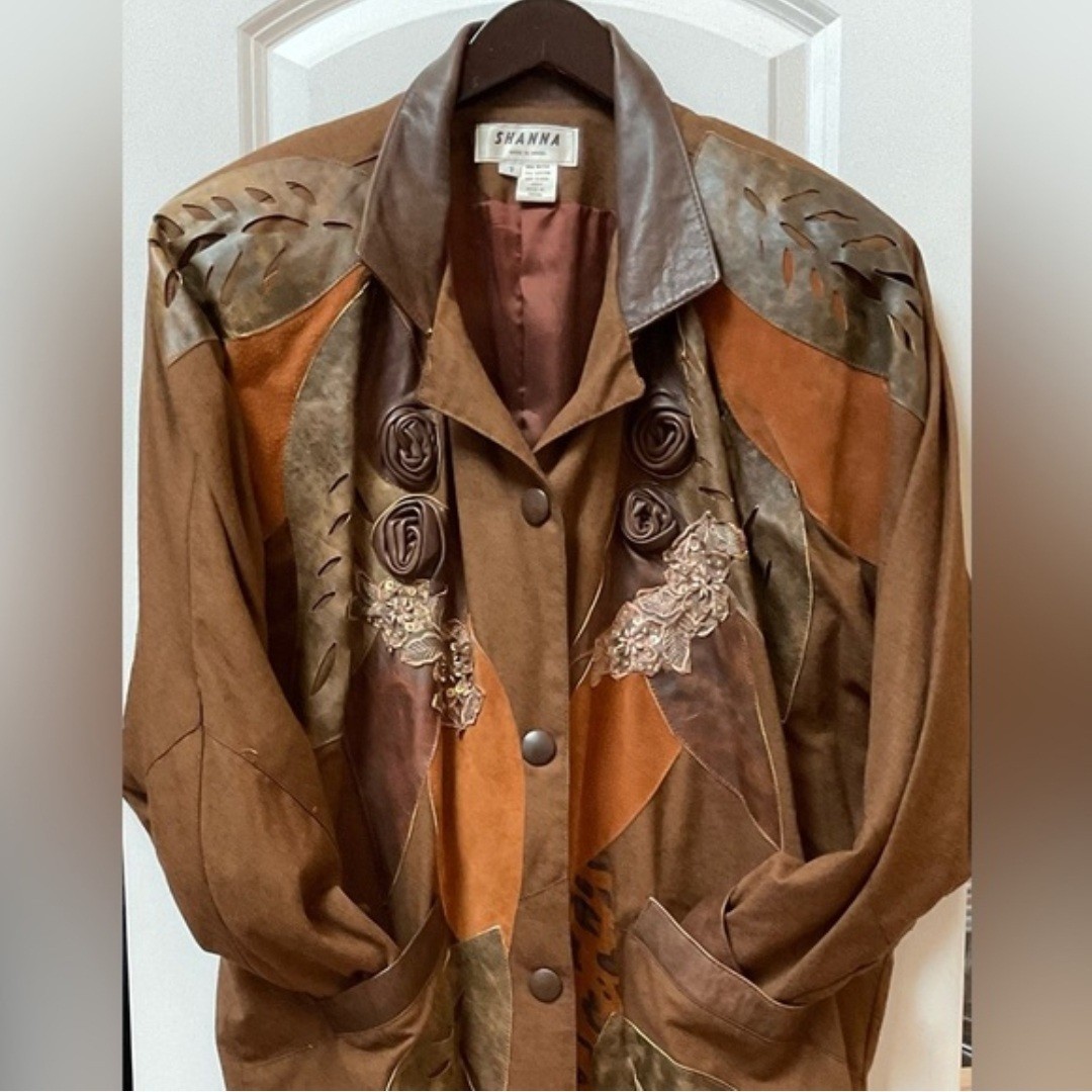 SHANNA Patchwork Suede Long Button-Up Collared Ov… - image 1