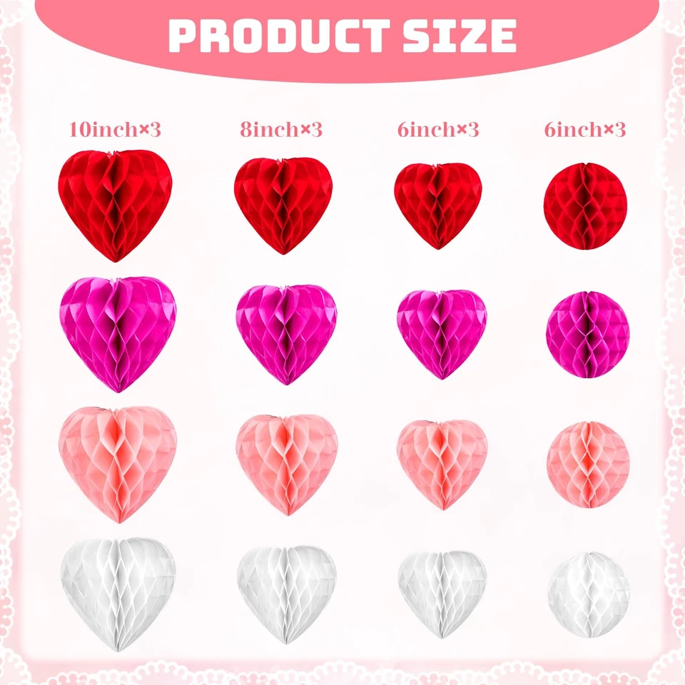 48 peças bolas de favo de mel dos namorados papel tecido bolas de flores em forma de coração rosa... - Imagem 2 de 4
