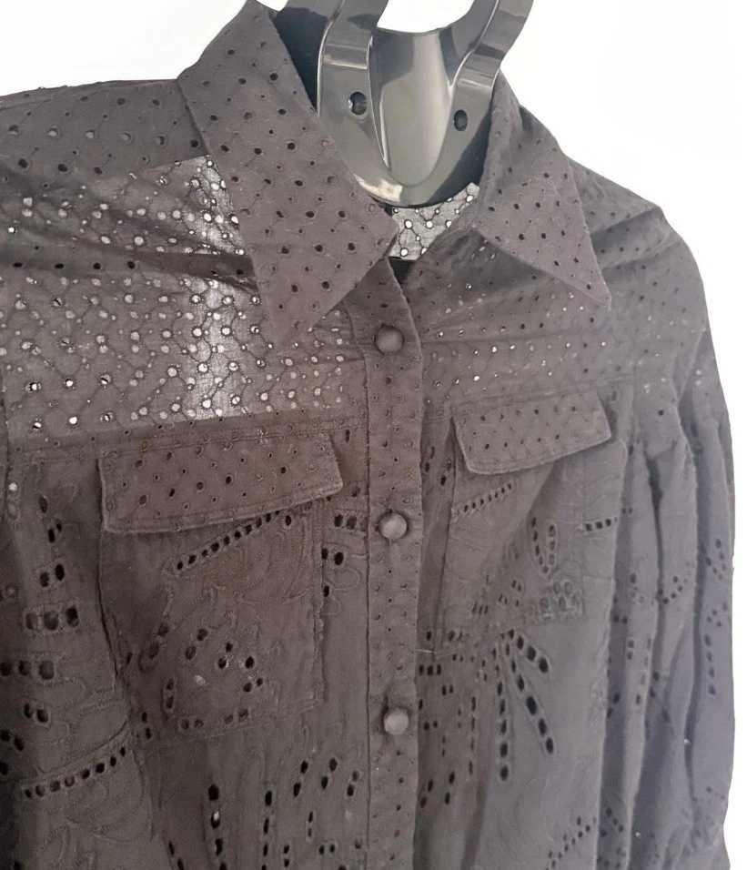 Diane von Furstenberg Black Eyelet Shirt Dress XS Pockets-Lace Cutout Boho Chic - Изображение 4 из 4