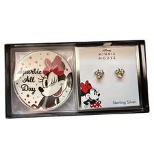Disney Minnie Mouse Sterling Silver Crystal Stud Earrings With Trinket Dish