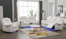 NEW 3PC LED Power Recliner Sofa Living Room Set White Leather Bluetooth Speaker