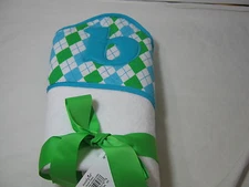New MUDPIE INITIAL "B "  Hood Bath Towel  Blue/Green ARGYLE ACCENTS New