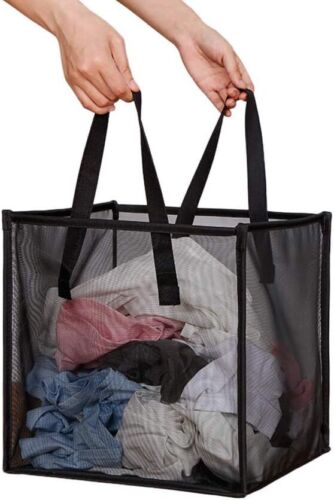 Collapsible Black Mesh Laundry Bag with Handles for Storage & Travel