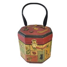 Vintage Octagon felt Lined Wooden Box Purse 3D Decoupage add-ons Acrylic Handle