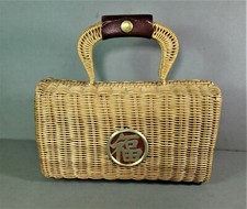 Vintage GAYMODE Top Handle Asian Emblem Woven Rattan Wicker Straw Purse Handbag
