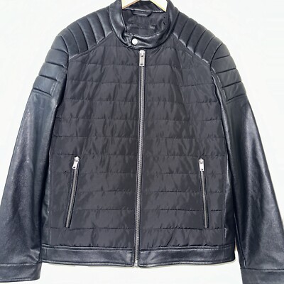 DKNY Size Large Men's Mixed Media Faux Leather Puffer Motocros Racer Jacket