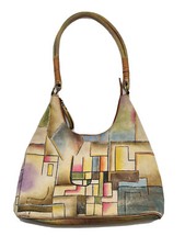 Magnifique Hobo Shoulder Bag Painted Leather Abstract Pattern Modern Geometric
