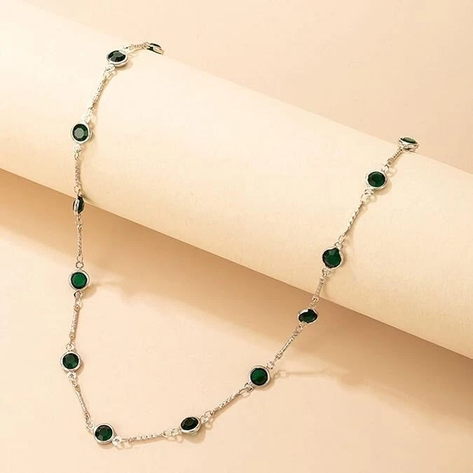 14K White Gold Over 6 Ct Round Cut Lab-Created Emerald Women Choker Necklace 15" - Image 4 of 4