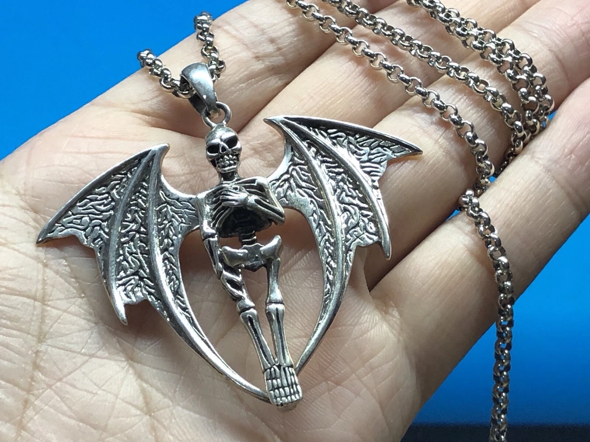 Solid 925 Sterling Silver Mens Bat Skeleton Skull Pendant Chain Necklace