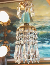 Vintage SWAG Pressed glass  deco era Blue Brass lamp chandelier crystal