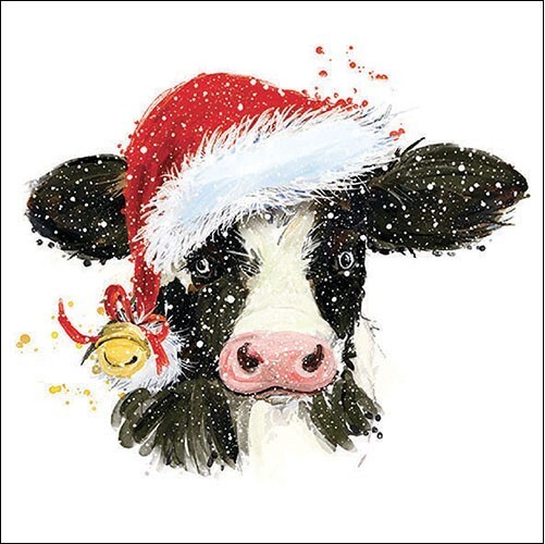 4 x Paper Napkins/33cm/3Ply/Decoupage/Christmas/Animals/Cow/Santa Hat/Cow Bell