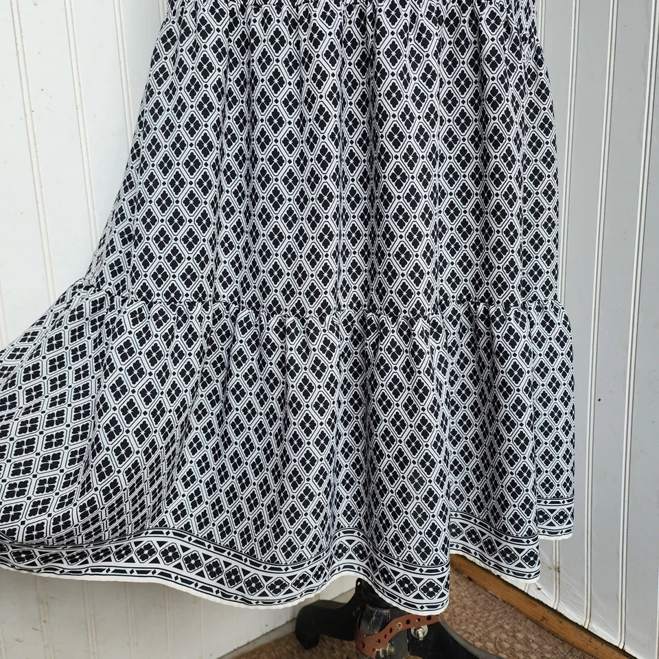 Vestido Max Studio Negro Blanco Floral Manga Volantes Cuello en V Bolsillo Midi Corbata M Foto 4 de 4