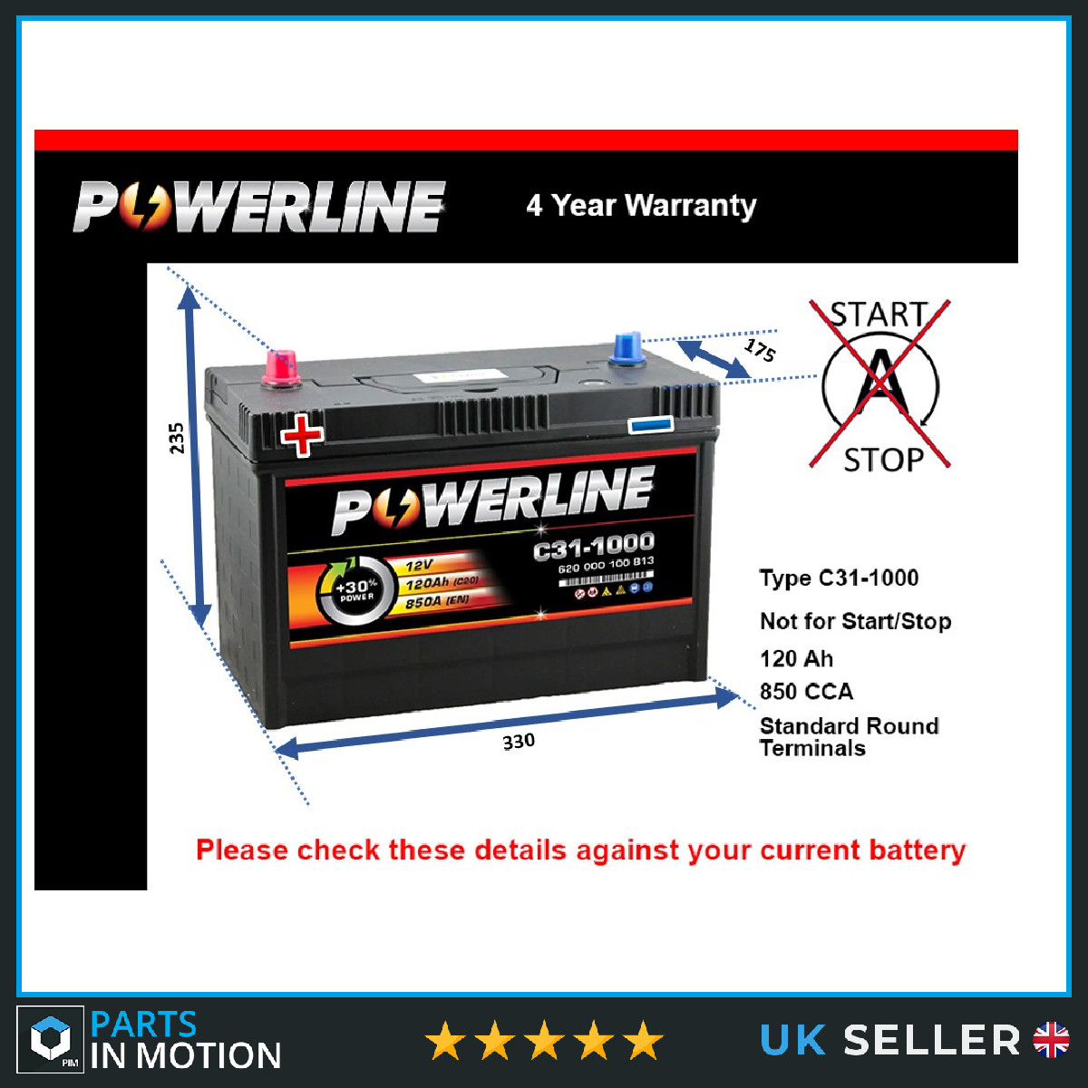 Battery fits LAND ROVER DEFENDER L316 3.5 90 to 94 C31-900 850A 120Ah Powerline