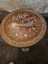 Vintage Indian Inlaid Peacock Family Design Rosewood Table BONE INLAID VTG