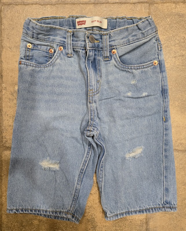 Vtg Girl's Levi 511 Slim Distressed Denim Long Shorts W Waist Adjustment - Sz 8R