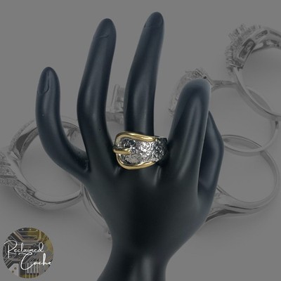 Silver Gold Tone Textured Belt Buckle Design Ring Alloy Jewelry - Size 10