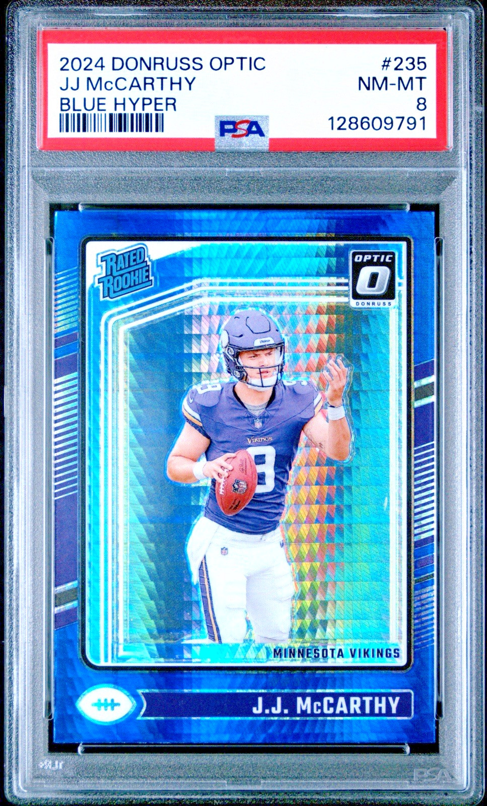 2024 Donruss Optic JJ McCarthy Blue Hyper Rated Rookie #235 PSA 8 Vikings