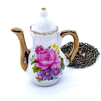 Unikat ROSEN PORZELLAN TEEKANNE HALSKETTE Frühstück TEE Kaffee SCHMUCK Miniatur GESCHENK