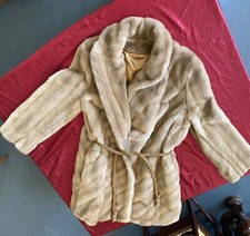 Vintage Tissavel France Beige Faux Fur Coat Jacket Belt Satin Lined Sz M
