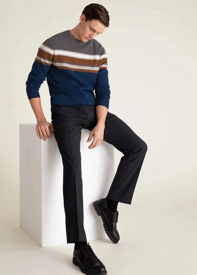 New M S COLLECTION Navy Mix Ribbed Chest Stripe Crew Neck Jumper