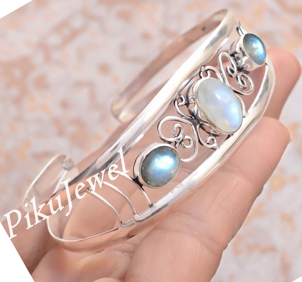 Mondstein mit Labradorit Edelstein 925 Sterling Silber Armreif Schmuck Mansch... - Bild 2 von 4