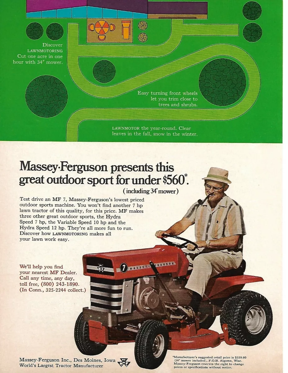 Massey Ferguson MF 7 Lawn Tractor Mower Vintage Print Ad 1969