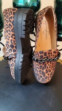 Jessica Simpson DISILA Women Sz 10 M Lug Sole Leopard Print Chain Loafers CUTE