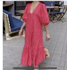 ZARA DRESS WITH CUTWORK EMBROIDERY RED MIDI V-NECK NEW SIZES REF. 4786/095