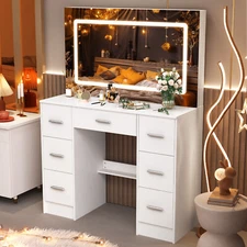 White Vanity Desk Large Lighted Mirror Makeup Vanity Table with 7 Drawers New
