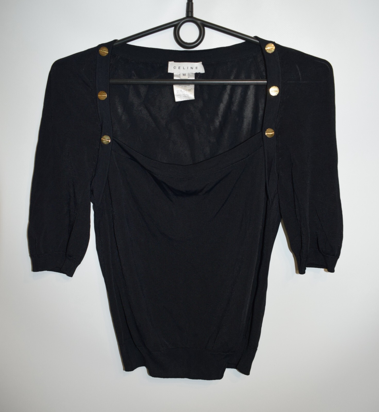Celine Vintage Black Blouse Top Golden Logo Buttons Size M