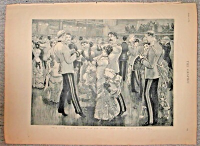 BALLROOM DANCING ST JAMES HALL BRITISH SOLDIERS DANCE 1884 ANTIQUE ENGRAVING