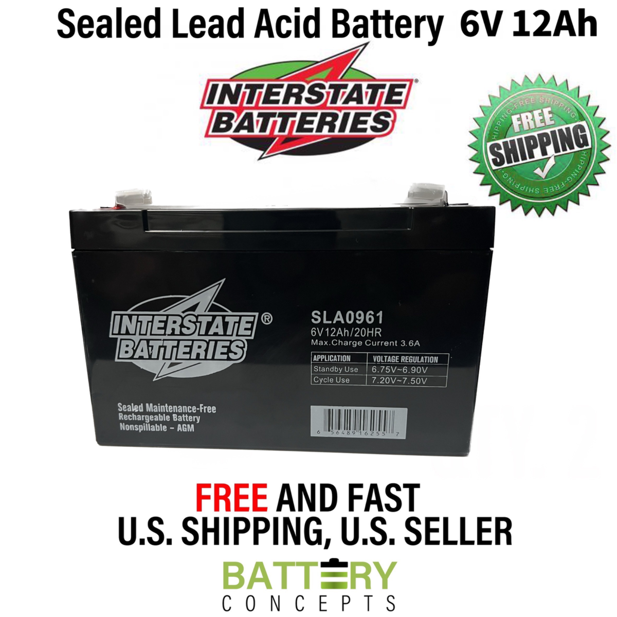 York-Wide Light D2E2 Replacement INTERSTATE Battery 6V 12Ah F1 | eBay