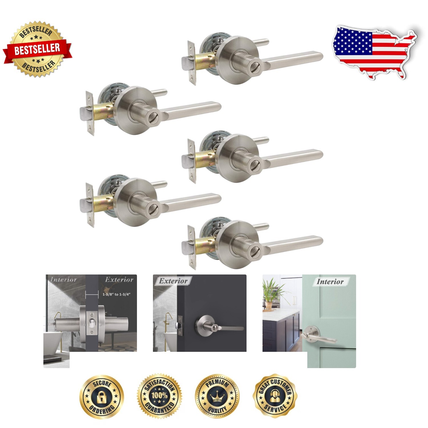 Durable Satin Nickel Privacy Door Levers - 5-Pack for Interior Use