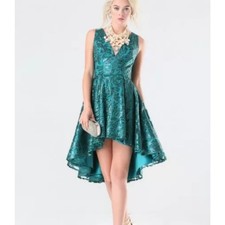 BEBE Sequins Embellished Plunged Neck Hi Low Emerald Green Party Romantic Dress