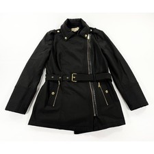 Michael Kors Asimétrica Cremallera Trench Moto Chaqueta Negro Dorado Cinturón Abrigo Mujer M
